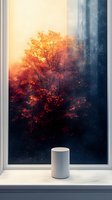 Minimalist white smart speaker on windowsill against dramatic autumn tree with fiery red foliage in morning light, creating atmospheric mood for technology ads.