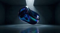 Futuristic abstract liquid metal form with vibrant blue and purple neon glow floating in dark minimalist space, suitable for tech and design projects.