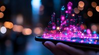 Futuristic holographic city skyline emerging from smartphone screen with glowing purple and blue lights against blurred bokeh background, modern technology concept.