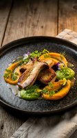 Grilled pork belly with roasted pumpkin and fresh herbs on dark plate. Gourmet restaurant dish with seasonal vegetables and microgreens on rustic wooden table.