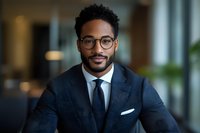 Professional African American businessman wearing navy suit and glasses in modern office setting. Confident executive portrait with natural lighting and blurred background.