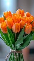 Fresh orange tulip bouquet tied with rustic twine string against soft blurred background, vibrant spring flowers with green stems and leaves in close-up view.