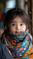 Young Asian child wearing colorful floral patterned scarf looking up with innocent expression, soft portrait with shallow depth of field and warm lighting.