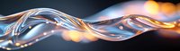 Abstract flowing glass or crystal wave with golden light reflections on dark background. Elegant transparent fluid form creates dynamic movement.