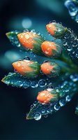 Orange flower buds covered in morning dew drops against dark blue background, macro photography showing crystal clear water droplets on delicate petals.