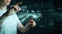 Caucasian male professional holding digital tablet with glowing holographic data visualization and network connections for technology, business analytics, and digital transformation concepts.