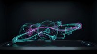 Futuristic holographic molecular structure with glowing neon atoms and bonds displayed on digital platform for science technology presentations.