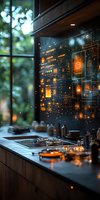 Futuristic smart home kitchen interface with holographic orange control panel displaying connected devices and automation systems against window view.