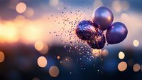 Festive purple balloons with glitter explosion against blurred bokeh background at sunset, creating magical celebratory atmosphere for special occasions.
