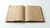 Old weathered book with blank yellowed pages open on white background, vintage antique manuscript with aged paper texture for design projects.