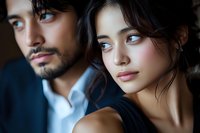 Close up portrait of young mixed race couple with dramatic lighting. Woman with natural makeup and loose dark hair, man in white shirt against dark background.