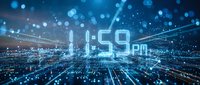 Digital clock display showing 11:59 PM in futuristic cyber space with glowing blue light trails and bokeh effects for technology concepts.