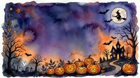 Watercolor Halloween night scene with glowing pumpkins, flying witch, bats, haunted house, and full moon on a spooky purple sky background.