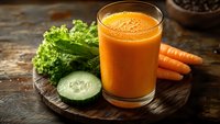 Fresh carrot juice in glass with green vegetables on rustic wooden board, healthy organic drink for wellness and nutrition lifestyle.