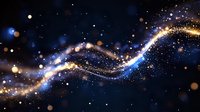Magical glowing wave of golden and blue light particles flowing through dark space with sparkling bokeh effect and shimmering stardust trail.
