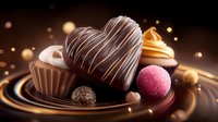 Heart shaped chocolate candy and cupcakes with cream on dark background with golden bokeh lights and swirling melted chocolate, romantic dessert composition.