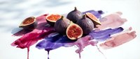 Fresh figs on colorful watercolor paint splashes in purple and pink tones. Artistic food photography with vibrant brushstrokes for culinary design projects.