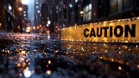 Dramatic rainy night scene with yellow caution tape in focus against blurred urban background, water droplets and city lights creating atmospheric bokeh effect.