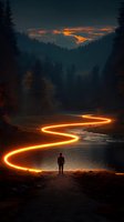 Silhouette of person standing by river with glowing light trail winding through dark forest landscape under dramatic sunset sky.