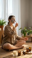 Young woman applying clay face mask in serene home spa setting with candles and plants for natural skincare routine and wellness relaxation.