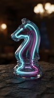 Transparent glass chess knight piece with colorful neon lighting effects on dark surface. Strategic business planning and leadership concept for presentations.