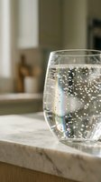 Glass of sparkling water with bubbles on kitchen counter in modern home interior for healthy lifestyle and hydration concepts.