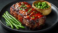 Juicy grilled meatloaf with tomato glaze served on black plate with green beans and peas, gourmet dinner presentation.
