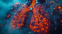 Glowing orange circuit pattern in shape of human lungs on dark blue background with floating particles creates futuristic medical technology concept.