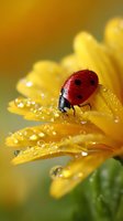 Red ladybug on yellow flower petal covered with morning dew drops in macro photography. Natural spring garden scene with soft bokeh background and vibrant colors.