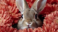 Adorable gray rabbit peeking through coral pink chrysanthemum flowers, close up portrait showing furry face, long ears and cute nose against floral background.