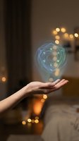 Hand holding holographic security shield with digital protection symbols floating above palm in warm bokeh lighting for cybersecurity concepts.