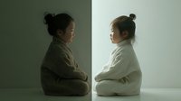 Two young Asian women sitting back to back in meditation pose wearing comfortable robes, representing mindfulness, wellness and inner peace practices.
