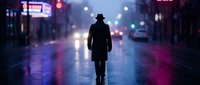 Silhouetted figure walking alone on wet urban street at night with neon lights and bokeh reflections creating moody atmosphere for noir, mystery, or solitude concepts.