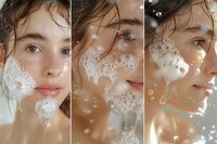 Young Caucasian woman with freckles and wet hair in triptych composition showing facial cleansing foam process, natural skincare and beauty concept on beige background.