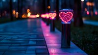 Illuminated heart-shaped garden light along pathway with bokeh background creates romantic evening atmosphere. Pink and blue tones set dreamy mood.