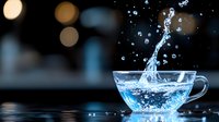 Dynamic splash of blue liquid in transparent glass cup creating crown-shaped water formation against dark background with bokeh lights. Macro photography.