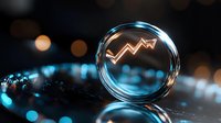 Growing financial chart in glass sphere with blue and orange bokeh lights reflecting on dark surface, conceptual business prediction visualization.