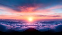 Dramatic sunrise over sea of clouds with vibrant pink and purple sky, sun breaking through dense cloudscape creating ethereal mountain landscape view.