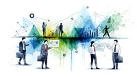 Business professionals analyzing data with colorful geometric network background for corporate presentations and marketing materials.