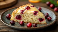 Homemade cranberry cake slice on rustic plate garnished with fresh berries, close up view of moist dessert with golden crust and bright red fruit.
