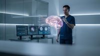 Male doctor examining holographic brain model in futuristic medical laboratory with advanced technology displays for neurological research and diagnosis.