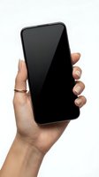 Female hand holding modern smartphone with blank black screen isolated on white background for mobile app presentation and digital communication mockup.