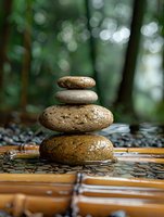 Balanced zen stones stacked on bamboo mat with water drops, natural pebbles creating harmony against blurred green forest background with bokeh effect.
