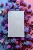 Blank white card on colorful dried thistle flowers against pink and blue background for wedding invitation or greeting card design.