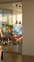 Businessman in beige blazer holding glowing globe icon with digital particles in modern office space, representing global business, technology, and international commerce concepts.