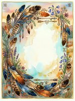 Boho feather frame with wildflowers and arrows on watercolor background, isolated on white space, ready for invitations, posters, and design projects.