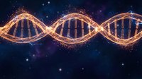 Glowing golden DNA double helix strand with sparkling particles on dark blue cosmic background, representing genetics and biotechnology research.