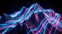 Neon glowing mountain landscape with flowing cyan and magenta light waves across rocky terrain against dark background, suitable for digital art and sci-fi designs.