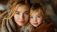 Young Caucasian mother and daughter with blonde hair and striking blue eyes wearing cozy knit sweaters share tender moment in warm autumn lighting, creating intimate family portrait.