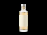 Transparent glass bottle with stainless steel cap containing pale golden liquid, isolated on transparent background. Ready for design use on t-shirts, posters, print-on-demand products, stickers, and digital designs.
